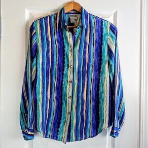 Robbie Bee Blue Purple Stripe 100% Silk Long Sleeve Blouse